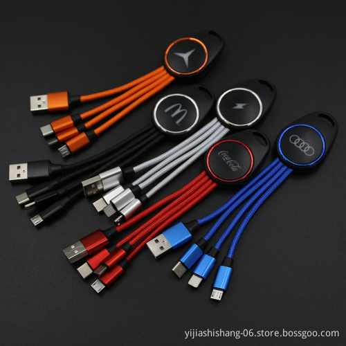 Free Sample Wholesale 3 in 1 Keychain Nylon LED Light Up Logo USB Charging Cable 1.0 mm cable wire screw keychain luggage